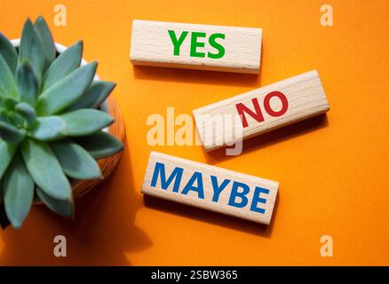 Sì No forse simbolo. Parole concettuali Sì No forse su blocchi di legno con piante succulente. Bellissimo sfondo arancione. Business e Yes No forse. Foto Stock