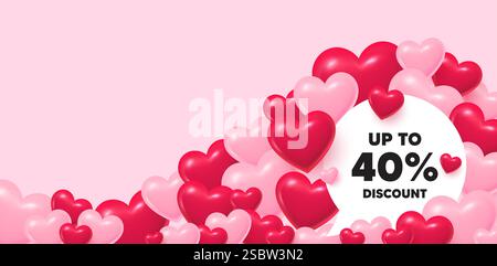 Fino al 40% di sconto. Cartello del prezzo dell'offerta di vendita. sfondo cuori 3d. Vettore Illustrazione Vettoriale
