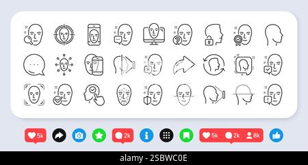 Icone delle linee di riconoscimento dei volti. Set di rilevamento e scansione biometrici facce. Icone dei social media. Vettore Illustrazione Vettoriale