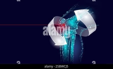 Illustrazione del trattamento del dolore articolare. Lesione al ginocchio evidenziata in rosso. Design di poster per la tecnologia medicale. Basso sfondo blu scuro di poli art Illustrazione Vettoriale