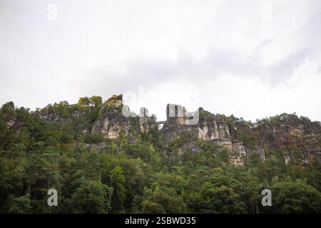 Ponte Bastei visto dal fiume Elba. Edificio tra le arenarie della Svizzera sassone. Attrazione turistica in Sassonia. Foto Stock
