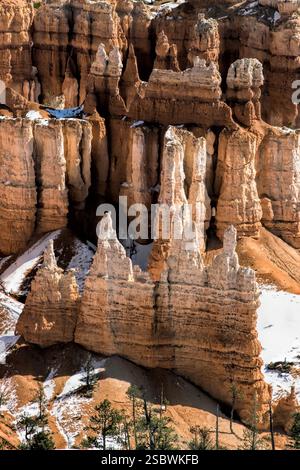 Una montagna con neve su di essa e qualche albero. La montagna è marrone e ha molte rocce Foto Stock