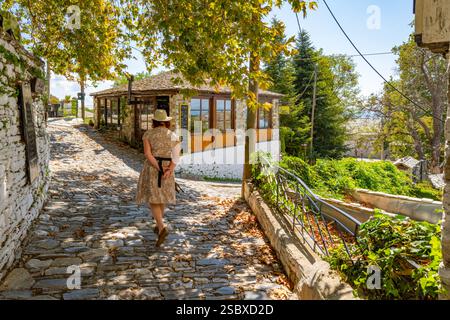 Camminando nelle viuzze acciottolate del villaggio di montagna di Vizitsa vicino a Milies nel Pilio Grecia Foto Stock
