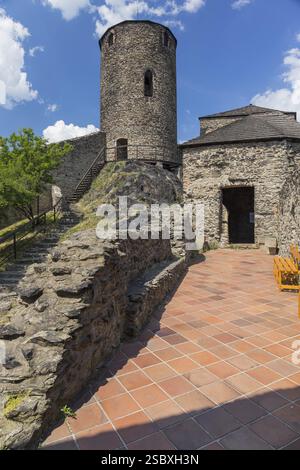 Il castello di Strekov (tedesco: Schreckenstein) è arroccato sulla cima di una scogliera sopra il fiume Elba, vicino alla città di Usti nad Labem nella Repubblica Ceca Foto Stock