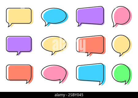 Dodici icone vocali. Set di bolla colorata. Forme di chat moderne. Raccolta di conversazioni vettoriali. Illustrazione Vettoriale