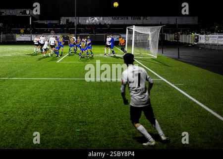 Merthyr Town contro Basingstoke Town nella Southern League Premier Division South a Penydarren Park il 4 febbraio 2025. Foto Stock