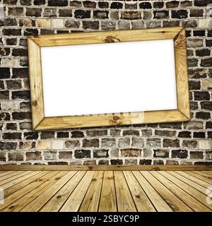 Telaio in legno vuoto sulla parete in mattoni all'interno con pavimento in legno Foto Stock