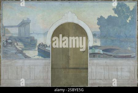 Henry Marius Camille Bouvet - Esquisse pour la salle de mariages de la mairie d'Asnières , Paysage. Péniches sur la Seine, avec le Foto Stock