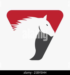 Logo iniziale del cavallo sulla lettera V Concept con simbolo della testa del cavallo per il cartello da corsa Illustrazione Vettoriale