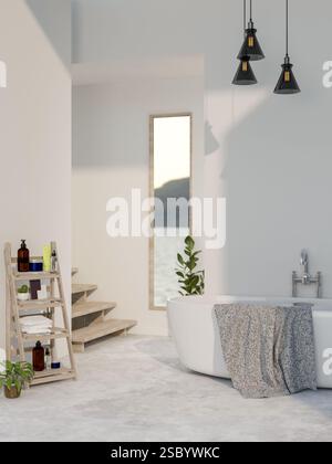 Bagno bianco moderno e minimalista con vasca, ripiano per gli articoli da bagno e articoli decorativi. interni, stanze domestiche, rendering 3d, illu. 3d. Foto Stock