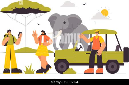 I visitatori esplorano il Wildlife Safari Illustration, che mostra le persone che si godono una visita allo zoo con giraffe, elefanti e altri animali sullo sfondo Illustrazione Vettoriale