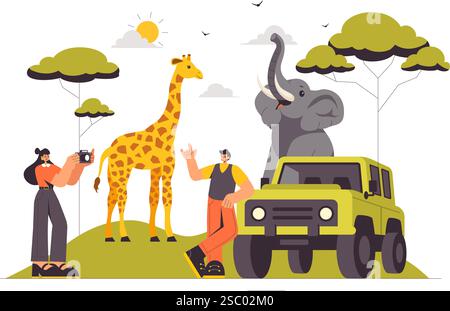 I visitatori esplorano il Wildlife Safari Illustration, che mostra le persone che si godono una visita allo zoo con giraffe, elefanti e altri animali sullo sfondo Illustrazione Vettoriale