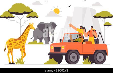I visitatori esplorano il Wildlife Safari Illustration, che mostra le persone che si godono una visita allo zoo con giraffe, elefanti e altri animali sullo sfondo Illustrazione Vettoriale
