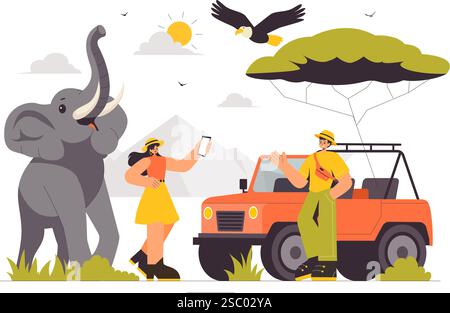 I visitatori esplorano il Wildlife Safari Illustration, che mostra le persone che si godono una visita allo zoo con giraffe, elefanti e altri animali sullo sfondo Illustrazione Vettoriale