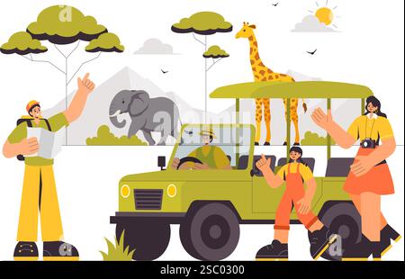 I visitatori esplorano il Wildlife Safari Illustration, che mostra le persone che si godono una visita allo zoo con giraffe, elefanti e altri animali sullo sfondo Illustrazione Vettoriale