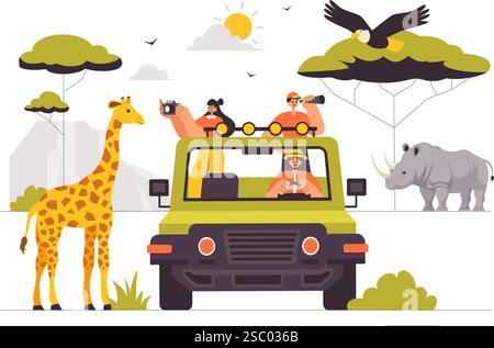 I visitatori esplorano il Wildlife Safari Illustration, che mostra le persone che si godono una visita allo zoo con giraffe, elefanti e altri animali sullo sfondo Illustrazione Vettoriale