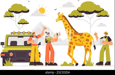 I visitatori esplorano il Wildlife Safari Illustration, che mostra le persone che si godono una visita allo zoo con giraffe, elefanti e altri animali sullo sfondo Illustrazione Vettoriale