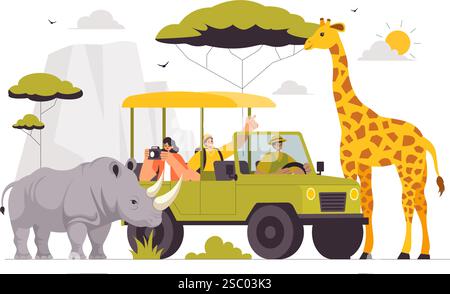 I visitatori esplorano il Wildlife Safari Illustration, che mostra le persone che si godono una visita allo zoo con giraffe, elefanti e altri animali sullo sfondo Illustrazione Vettoriale