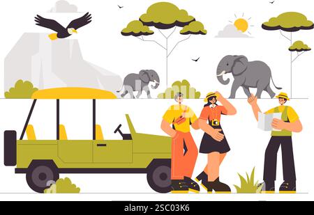 I visitatori esplorano il Wildlife Safari Illustration, che mostra le persone che si godono una visita allo zoo con giraffe, elefanti e altri animali sullo sfondo Illustrazione Vettoriale
