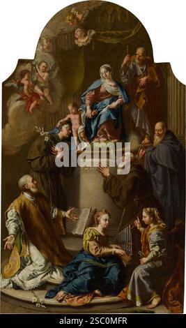 Sacra famiglia con diacono, Santi Antonio da Padova, Cecilia, Francesco di Paola, Apollonia e Anthony Abbott, con due angeli musicali e tre serafini). Foto Stock