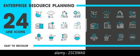 Icone della linea ERP. Il vettore del sistema software Enterprise Resource Planning delinea i simboli di produzione, pianificazione delle forniture, vendite e marketing, distribuzioni Illustrazione Vettoriale