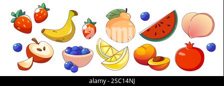 Set di cartoni animati estivi di frutta e bacche. Raccolta con fragole e banane, pesche e anguria, mele e mirtilli, fette di pera e limone, albicocche e melograno. Brillanti elementi stagionali. Illustrazione Vettoriale