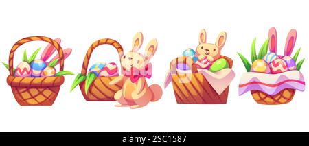 Collezione per le feste di Pasqua: Cesti di vimini con uova decorate, simpatici conigli con fiocco rosa, germogli di erba fresca, tovagliolo in tessuto. Biglietto d'auguri per le festività religiose, elementi di design primaverile. Illustrazione Vettoriale