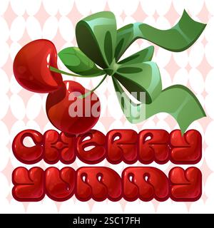 Scritta rossa ciliegia lucida con frutti di bosco luminosi, fiocco verde, nastro scorrevole su sfondo con motivo a rombo. Dolce frutto di cartoni animati con design testuale. Cibo giocoso, brillante, maturo e succoso con decorazioni. Illustrazione Vettoriale
