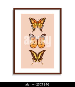 Una vivace illustrazione vettoriale con tre farfalle in sfumature di arancione, incorniciate elegantemente. Il design cattura la delicata bellezza della natura, ev Illustrazione Vettoriale