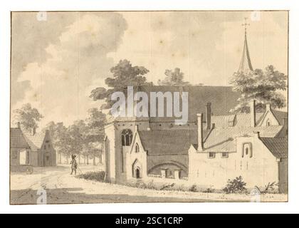 Gezicht op de kapel en andere gebouwen van de St Servaasabdij te Utrecht en links de beide loodsen op het bastion Zonnenburg. Foto Stock