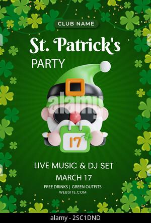 Poster della festa del giorno di San Patrizio con leprechaun con regali e musica dal vivo, illustrazione vettoriale Illustrazione Vettoriale