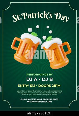 Celebrazione del poster dell'evento del giorno di San Patrizio con tazze da birra e spettacoli dal vivo, illustrazione vettoriale Illustrazione Vettoriale