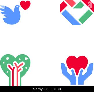 Imposta icone o simboli di San Valentino, cartelli per le feste progettati per festeggiare, stile moderno vettoriale. Illustrazione Vettoriale