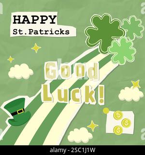 Happy St. Patrick Day design con trifoglio, cappello da leprechaun, messaggio di buona fortuna, illustrazione vettoriale Illustrazione Vettoriale