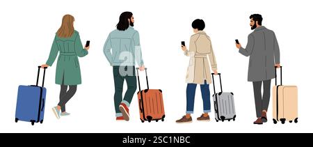 Gruppo di persone diverse che camminano con i loro bagagli Illustrazione Vettoriale