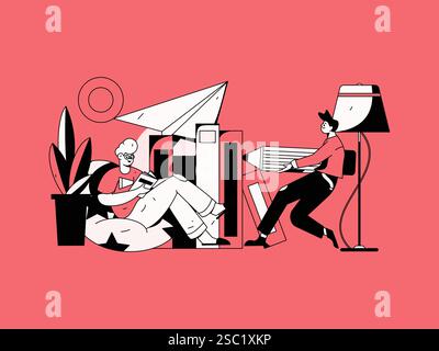 Illustrazione disegnata a mano con lettura silenziosa del concetto vettoriale Illustrazione Vettoriale