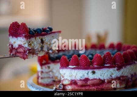 Dessert a strati con panna, lamponi e mirtilli. Primo piano di una fetta servita. Delizia deliziosa e visivamente accattivante. Perfetto per f Foto Stock