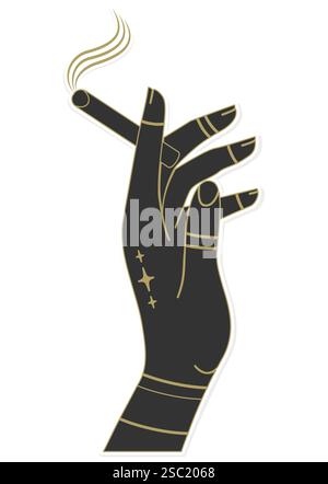 Mano umana con adesivo di sigaretta. Mano che tiene le sigarette all'hashish. Elementi di Halloween disegnati a mano in stile line art. Stregoneria ed esoterica vena piatta Illustrazione Vettoriale