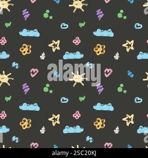 Pastello per bambini con motivo senza cuciture, nuvole, sole Illustrazione Vettoriale