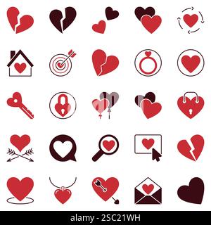 Set di icone rosse a forma di cuore. San Valentino Love Hearts Concept, collezione di simboli vettoriali Illustrazione Vettoriale