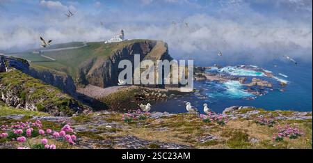Foto a colori del faro di Stoer Head, Thomas Stevenson nel 1870 , Lochinver, Highland Scozia. Il faro è alto 45 piedi (14 m), Foto Stock