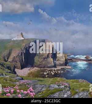 Foto a colori del faro di Stoer Head, Thomas Stevenson nel 1870 , Lochinver, Highland Scozia. Il faro è alto 45 piedi (14 m), Foto Stock