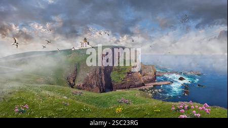Foto a colori del faro di Stoer Head, Thomas Stevenson nel 1870 , Lochinver, Highland Scozia. Il faro è alto 45 piedi (14 m), Foto Stock