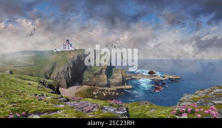 Foto a colori del faro di Stoer Head, Thomas Stevenson nel 1870 , Lochinver, Highland Scozia. Il faro è alto 45 piedi (14 m), Foto Stock