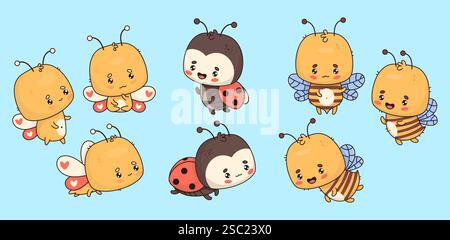 Collezione di insetti carini. Farfalla cartoni animati, api e coccinello. Personaggio divertente isolato in stile kawaii. Illustrazione vettoriale . Illustrazione Vettoriale