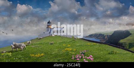 Foto a colori del faro di Stoer Head, Thomas Stevenson nel 1870 , Lochinver, Highland Scozia. Il faro è alto 45 piedi (14 m), Foto Stock