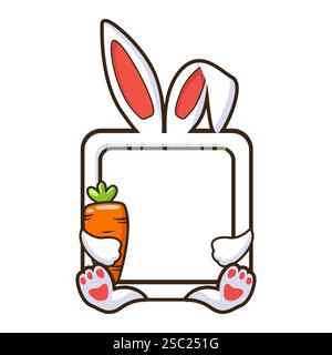 Graziosa cornice di coniglio che regge carota. Icona animale. Bordo in stile cartone animato piatto. Confine di piazza del coniglietto pasquale. Cartoon Design per biglietti d'auguri, adesivi o. Illustrazione Vettoriale