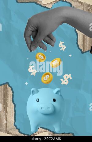 Consegnare le monete in un salvadanaio blu, illustrando risparmi e pianificazione finanziaria, illustrazione vettoriale Illustrazione Vettoriale