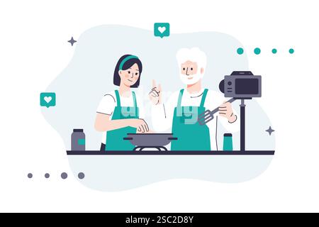 Illustrazione vettoriale di un food blogger che gira un video di cucina. Un uomo e una donna in grembiuli cucinano usando una padella durante lo streaming dei contenuti. Utilizzare per B. Illustrazione Vettoriale