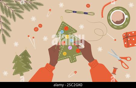 Ho sentito l'albero di Natale. African Girl crea l'albero di Natale da tessuti e fili. Vista dall'alto sul luogo di lavoro. Decorazioni natalizie fai da te. Vigilia di Natale Illustrazione Vettoriale